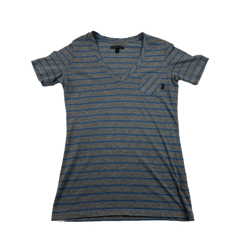 Vans Off The Wall V Neck T Shirt Womens XS Gray Blue Striped Pocket Short Sleeve